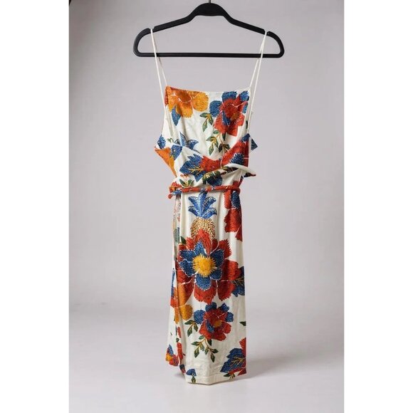 FARM Rio Pineapple Flowers Linen Blend Midi Dress Wrap Belted Size L - Picture 6 of 7